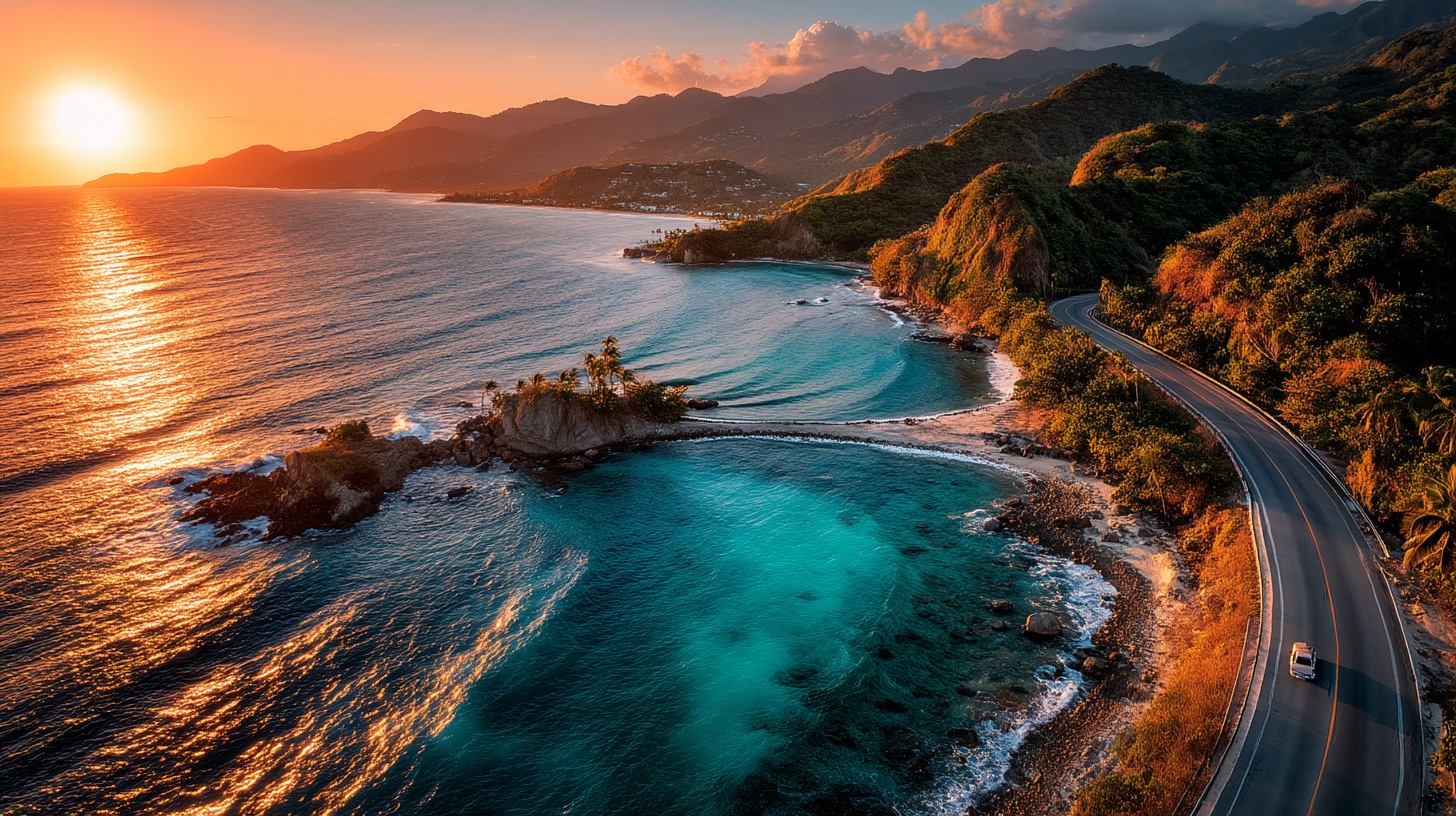 Vista aérea cinematográfica de una carretera costera dominicana al atardecer