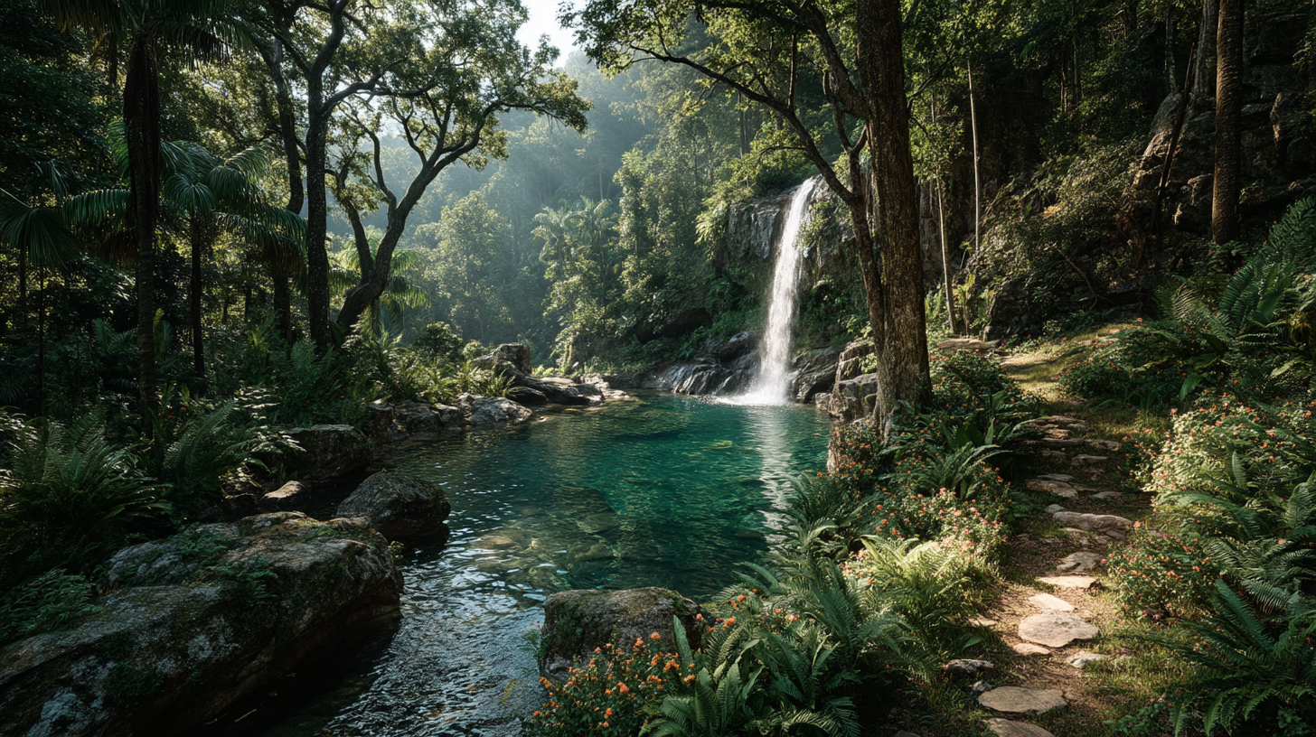 Cascada escondida en la selva tropical dominicana con neblina dorada