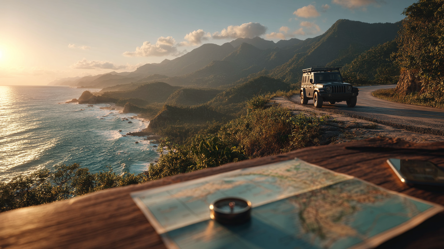 Carretera costera dominicana entre montañas y mar al atardecer